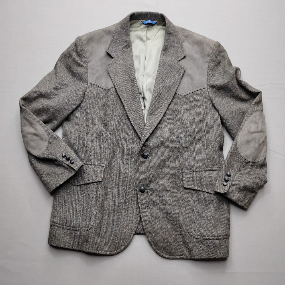 Pendleton High Grade Western Wear Grey Herringbone Wool Blazer Suede Yoke Men 48